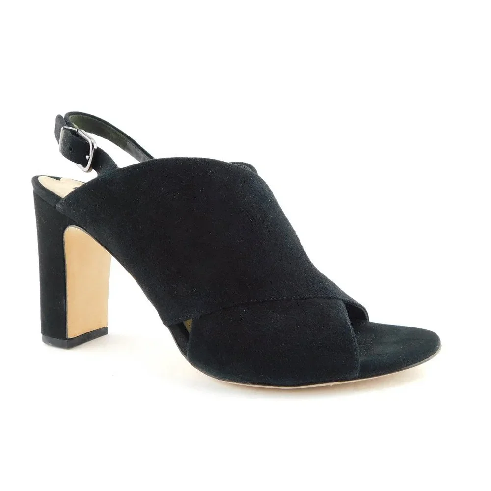 VIA SPIGA Black Suede Leather Cross Over Open Toe Sling Back Block Heels 8.5